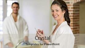  Presentation with text message - Slide deck having portrait of beautiful woman in bathrobe sitting on kitchen worktop and typing a text message on smartphone while man ironing clothes behind her background and a mint green colored foreground