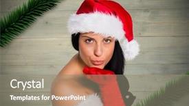  Presentation with kiss - PPT theme with portrait of beautiful woman in santa costume blowing a kiss against wooden background background and a gray colored foreground