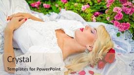  Presentation with hair dress - Audience pleasing presentation theme consisting of portrait of beautiful woman in white dress with roses in her hair lying on lawn and sleeping among flowers in park backdrop and a soft green colored foreground