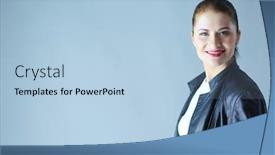  Presentation with black woman - Audience pleasing presentation design consisting of portrait of beautiful young brunette woman in stylish black jacket on gray backdrop and a light blue colored foreground