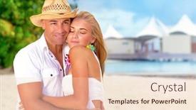  Presentation with honeymoon - Colorful presentation theme enhanced with portrait of beautiful young couple hugging outdoors spending romantic honeymoon vacation on luxury beach resort summer time concept backdrop and a lemonade colored foreground