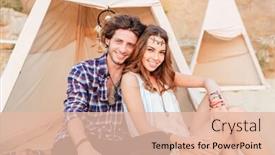  Presentation with teepee - PPT theme consisting of portrait of beautiful young couple sitting and smiling in teepee on the beach background and a lemonade colored foreground