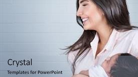  Presentation with mother love - Theme enhanced with portrait of beautiful young happy mother having fun with her little newborn baby at home enjoying first day of motherhood love and happiness concept background and a light blue colored foreground