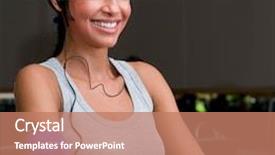  Presentation with latin music - Beautiful PPT layouts featuring portrait of beautiful young latin woman smiling and listening music while walking on a treadmill at gym backdrop and a coral colored foreground