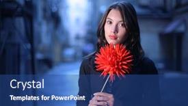  Presentation with blue flower - Slides with portrait of beautiful young romantic woman with red flower outdoor in twilight blue city closeup shallow dof background and a ocean colored foreground
