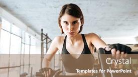  Presentation with stationary - Audience pleasing presentation theme consisting of portrait of beautiful young sportswoman training on stationary bike in gym backdrop and a coral colored foreground