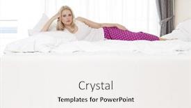  Presentation with bed hotel - PPT theme featuring portrait of beautiful young woman lying in bed at hotel room background and a white colored foreground