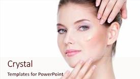  Presentation with foundation - Slide set featuring portrait of beautiful young woman with cosmetic foundation on a skin - isolated on white background background and a sky blue colored foreground