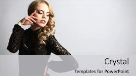  Presentation with black light - Audience pleasing PPT theme consisting of portrait of beautiful young woman in black dress on light blue background backdrop and a light gray colored foreground