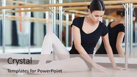  Presentation with ballet - Presentation theme consisting of portrait of beautiful young woman sitting next to mirror on floor in ballet studio resting and stretching preparing for lesson background and a light gray colored foreground