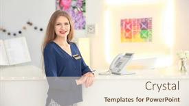  Presentation with receptionist - Slides featuring portrait of beauty salon receptionist at workplace background and a cream colored foreground