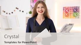  Presentation with receptionist - PPT theme enhanced with portrait of beauty salon receptionist at workplace background and a sky blue colored foreground