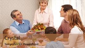  Presentation with festive - PPT theme featuring thanksgivingnew - portrait of big family background and a coral colored foreground