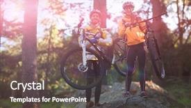  Presentation with mountain bike - Presentation theme having portrait of biker couple carrrying mountain bike in countryside forest background and a dark gray colored foreground