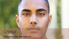  Presentation with military camera - Slide deck enhanced with portrait-of-biracial-male-soldier background and a coral colored foreground