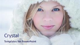  Presentation with winter - Slide set featuring portrait of blond pretty woman in fur coat at winter background background and a sky blue colored foreground