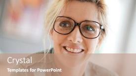  Presentation with eyeglasses - PPT theme enhanced with portrait of blond woman with eyeglasses background and a coral colored foreground