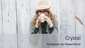  Presentation with bleached - Colorful slide deck enhanced with portrait of blonde drinking from disposable cup against bleached wooden planks backdrop and a light gray colored foreground