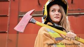  Presentation with firefighter - Amazing slide set having portrait of blonde firefighter in helmet and with ax in hands on background of fire engines backdrop and a coral colored foreground