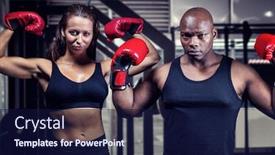  Presentation with boxers - PPT theme with portrait of boxers flexing muscles against side view of barbells background and a navy blue colored foreground