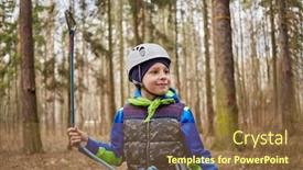  Presentation with climbing - Presentation design featuring portrait of boy dressed and equipped for climbing stand with rope in hands in forest background and a tawny brown colored foreground