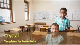  Presentation with wheelchair accessible images at school - Slide deck with portrait of boy pushing friend on wheelchair against empty classroom background and a tawny brown colored foreground