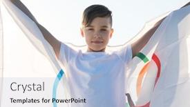  Presentation with summer olympic - Amazing PPT theme having portrait-of-boy-waving-flag backdrop and a light blue colored foreground
