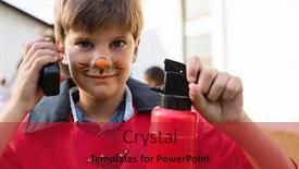  Presentation with fire extinguisher - Presentation theme having portrait of boy with face paint using walkie talkie while holding fire extinguisher during birthday party background and a crimson colored foreground