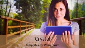  Presentation with forest bridge - Amazing presentation design having way forward pathway freedom - portrait of brunette holding digital backdrop and a coral colored foreground