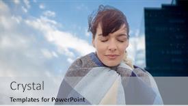  Presentation with building women - PPT theme enhanced with portrait of brunette women wearing scarf against cloudscape in sky by glass building background and a lemonade colored foreground