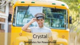  Presentation with bus - Amazing slide deck having portrait of bus driver smiling backdrop and a yellow colored foreground