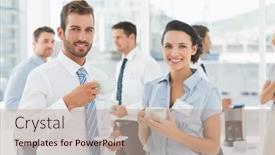  Presentation with tea - PPT theme enhanced with portrait-of-business-colleagues background and a  colored foreground