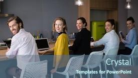  Presentation with conference table - PPT theme enhanced with portrait of business executives using electronic devices on conference table background and a ocean colored foreground
