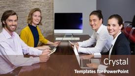  Presentation with conference table - Slide deck having portrait of business executives using electronic devices on conference table background and a tawny brown colored foreground