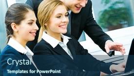  Presentation with coworkers - Colorful presentation theme enhanced with portrait of business man demonstrating his computer work to coworkers backdrop and a ocean colored foreground