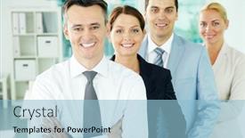  Presentation with partners - Presentation design featuring portrait of business partners looking at camera with their leader in front background and a light blue colored foreground