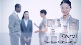  Presentation with coworkers - Amazing PPT theme having portrait of business people against businesswoman smiling showing a laptop screen with coworkers in the background backdrop and a light blue colored foreground