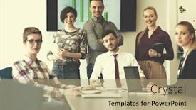  Presentation with team leader - Audience pleasing PPT layouts consisting of portrait of business people group at modern bright startup office meeting room young man with beard sitting in middle as team leader backdrop and a coral colored foreground