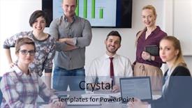  Presentation with team leader - PPT theme with portrait of business people group at modern bright startup office meeting room young man with beard sitting in middle as team leader background and a ocean colored foreground