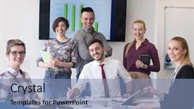  Presentation with team leader - Cool new theme with portrait of business people group at modern bright startup office meeting room young man with beard sitting in middle as team leader backdrop and a light blue colored foreground