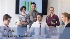  Presentation with team leader - Presentation design consisting of portrait of business people group at modern bright startup office meeting room young man with beard sitting in middle as team leader background and a teal colored foreground