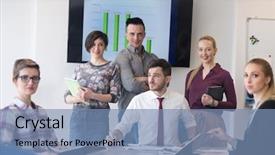  Presentation with team leader - PPT layouts featuring portrait of business people group at modern bright startup office meeting room young man with beard sitting in middle as team leader background and a teal colored foreground