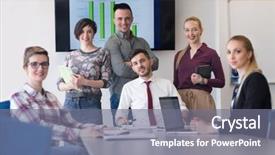  Presentation with team leader - Colorful theme enhanced with portrait of business people group at modern bright startup office meeting room young man with beard sitting in middle as team leader backdrop and a gray colored foreground