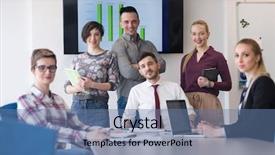  Presentation with team leader - Audience pleasing PPT theme consisting of portrait of business people group at modern bright startup office meeting room young man with beard sitting in middle as team leader backdrop and a ocean colored foreground