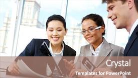  Presentation with sharing - PPT theme with portrait of business people sharing background and a coral colored foreground