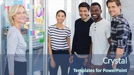  Presentation with five business people standing together and smiling - PPT layouts with portrait of business people standing background and a ocean colored foreground