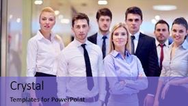  Presentation with team people hugging - Presentation enhanced with portrait of business people team background and a  colored foreground