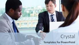  Presentation with team work - PPT layouts enhanced with portrait of business team discussing work papers background and a light blue colored foreground