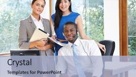  Presentation with team - Colorful presentation theme enhanced with portrait of business team working backdrop and a light blue colored foreground