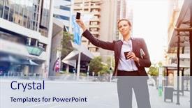  Presentation with taxi - Amazing PPT theme having business woman catching taxi backdrop and a lemonade colored foreground